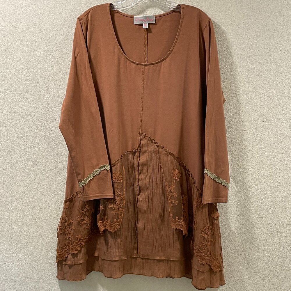 Pretty Angel Brown Long Sleeve Linen Blend Knit and Lace Mini Tunic Dress XL EUC